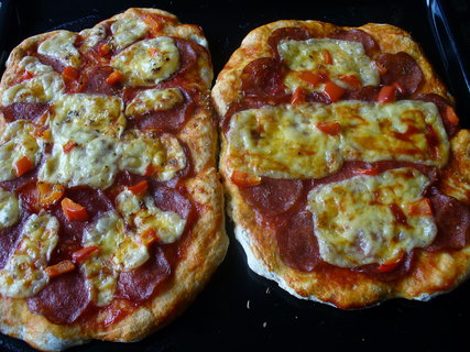 FOTKA - Pizza z domcho tsta se slaninou, unkou, pltkovm srem, rajaty, hermelnem a olivami