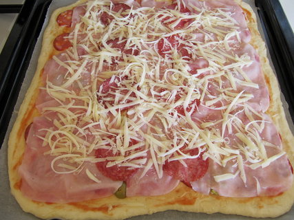 FOTKA - Pizza z domcho tsta se slaninou, unkou, pltkovm srem, rajaty, hermelnem a olivami